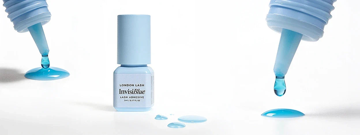 A professional lash adhesive banner featuring the InvisiBlue product bottle alongside stylised macro close-up panels showcasing the delicate light blue color of the glue, designed for flawless visibility when applying coloured lash extensions.