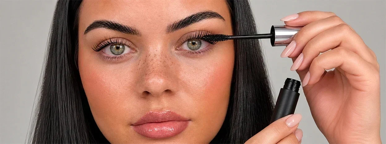 A model applying mascara on her lifted eyelashes.