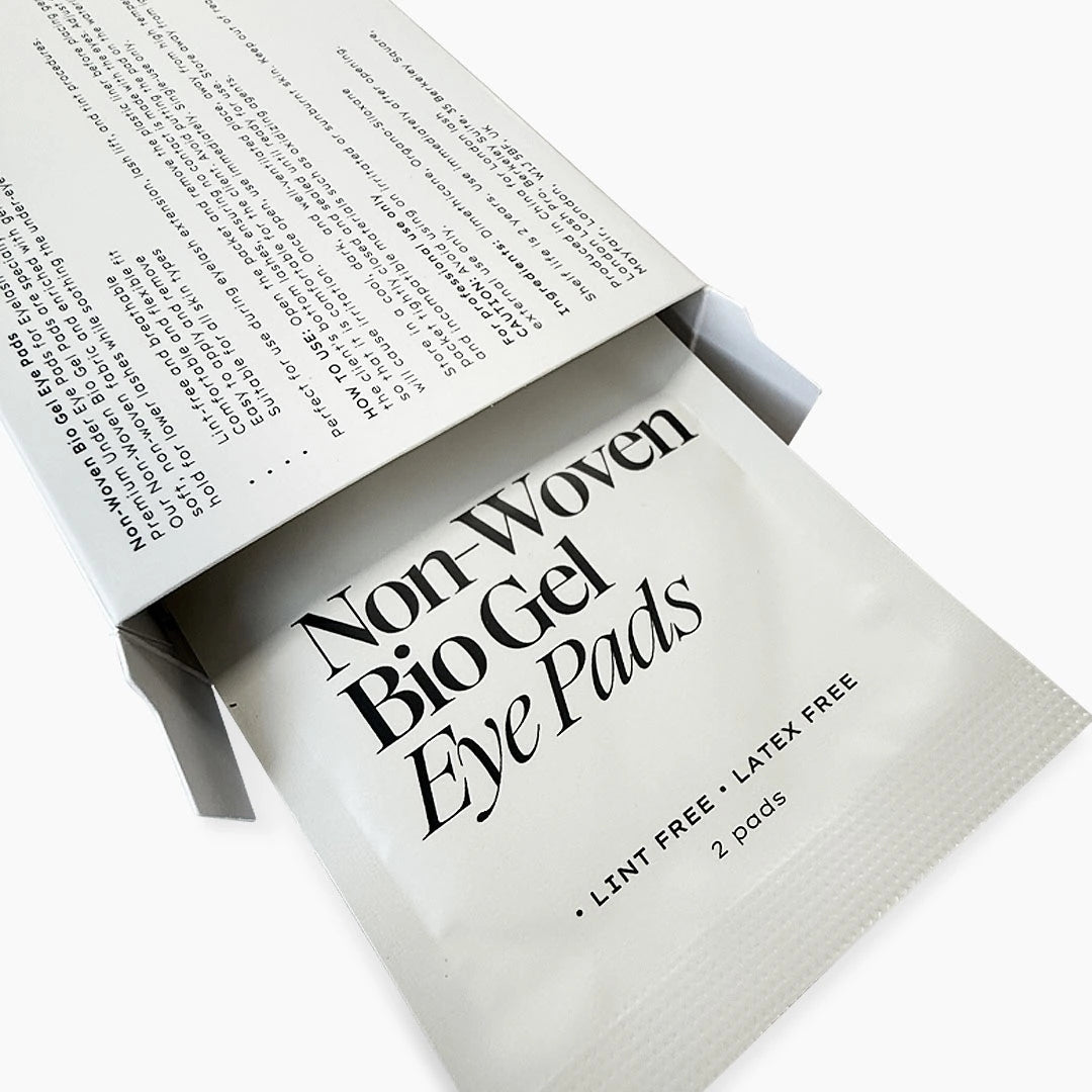Box of non-woven bio gel eye pads with text on a white background