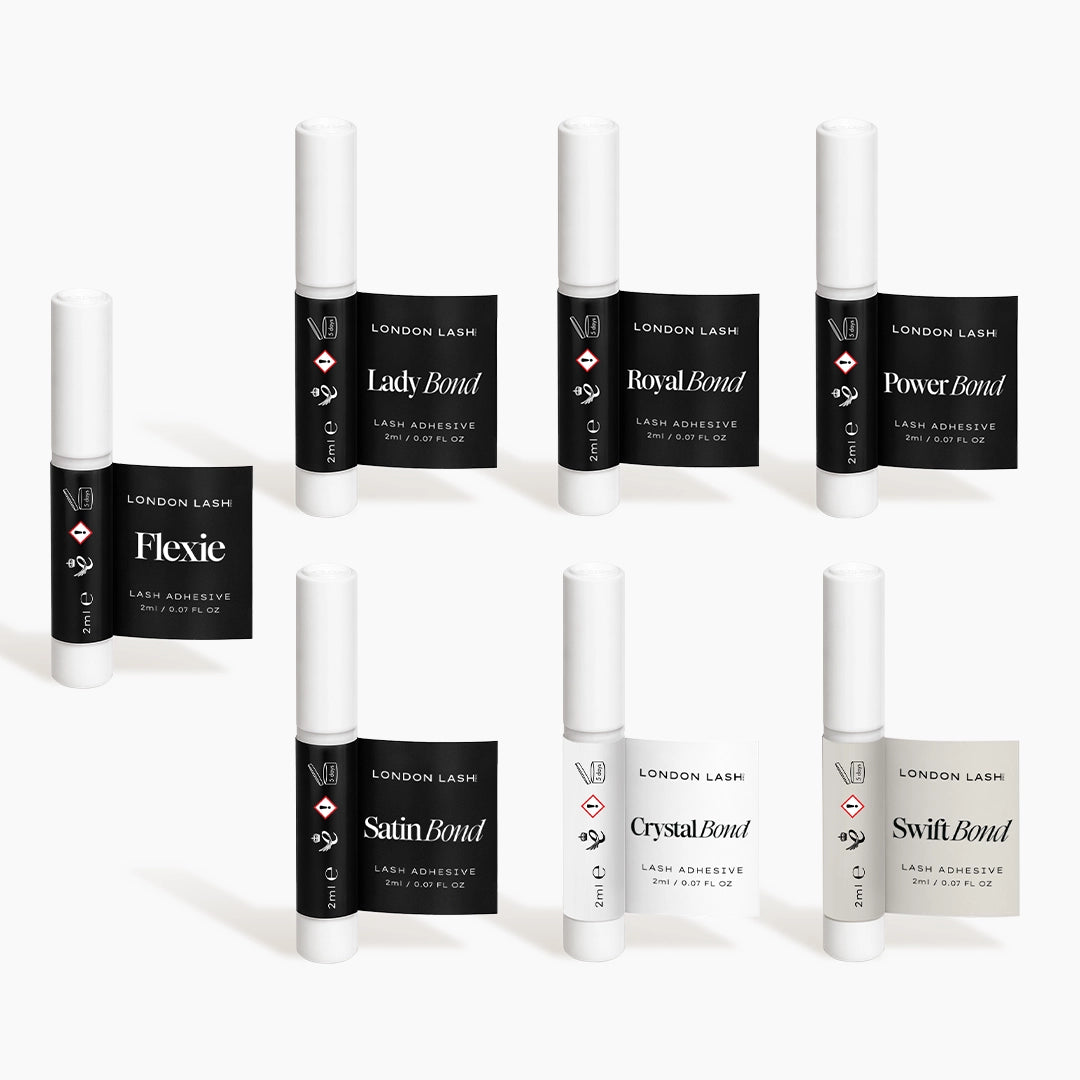 Collection of London Lash sample adhesives on a white background