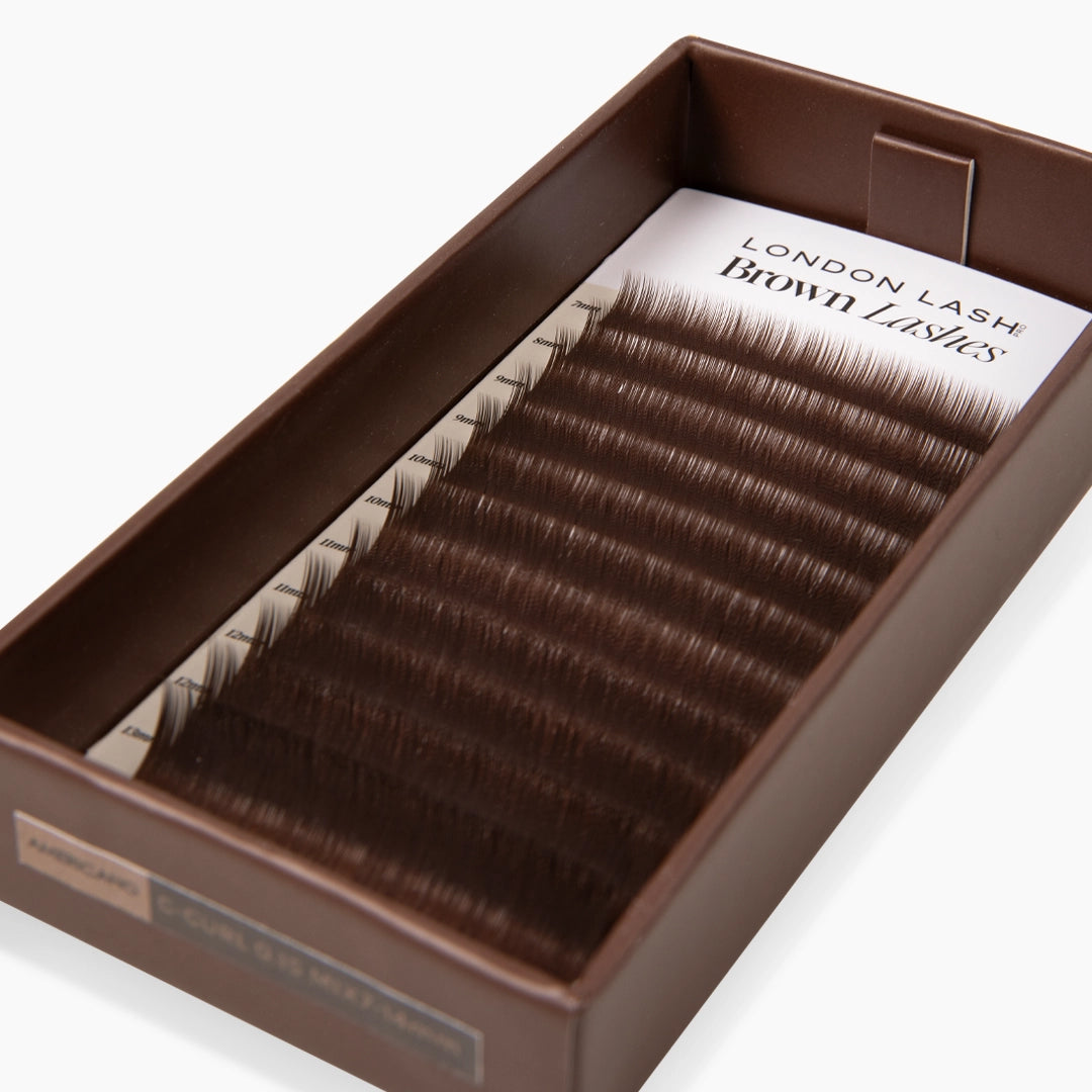 London Lash Pro Brown Lashes mixed length tray in Americano shade, CC Curl 0.15 thickness