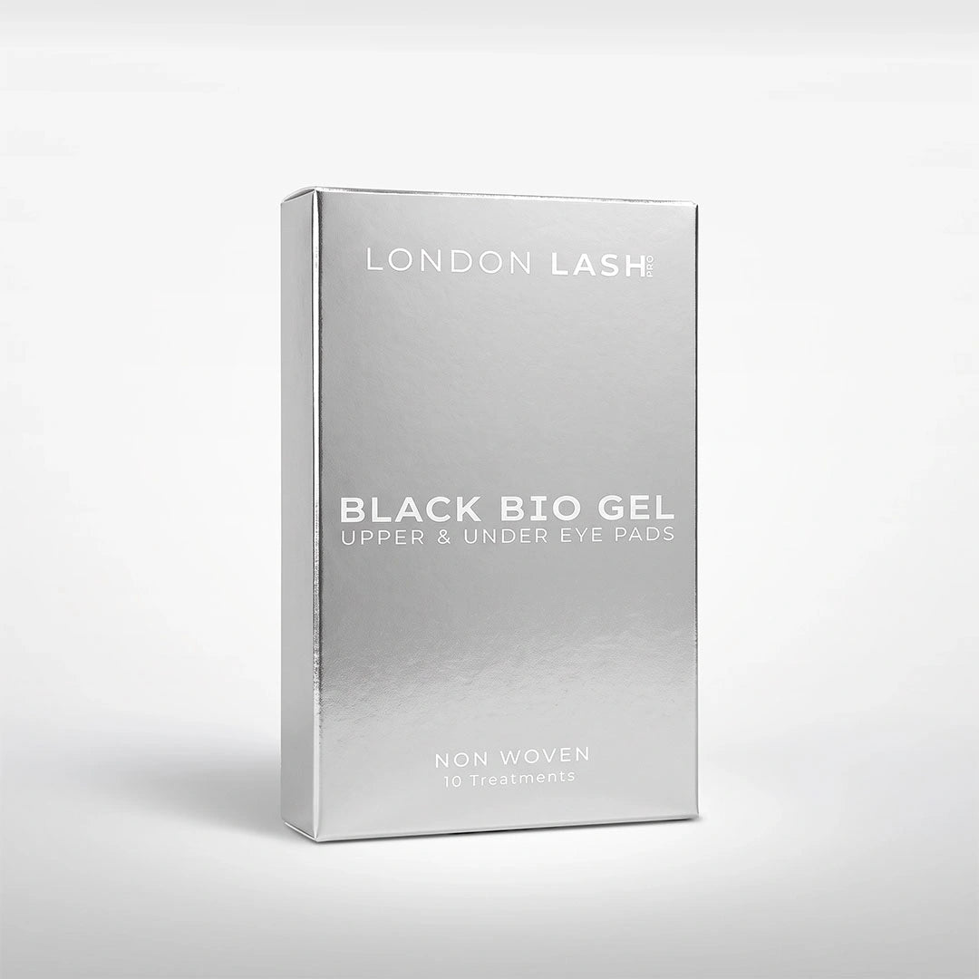 A silver rectangular box of London Lash Black Bio Gel upper and under eye pads, shown standing upright on a light gray background.
