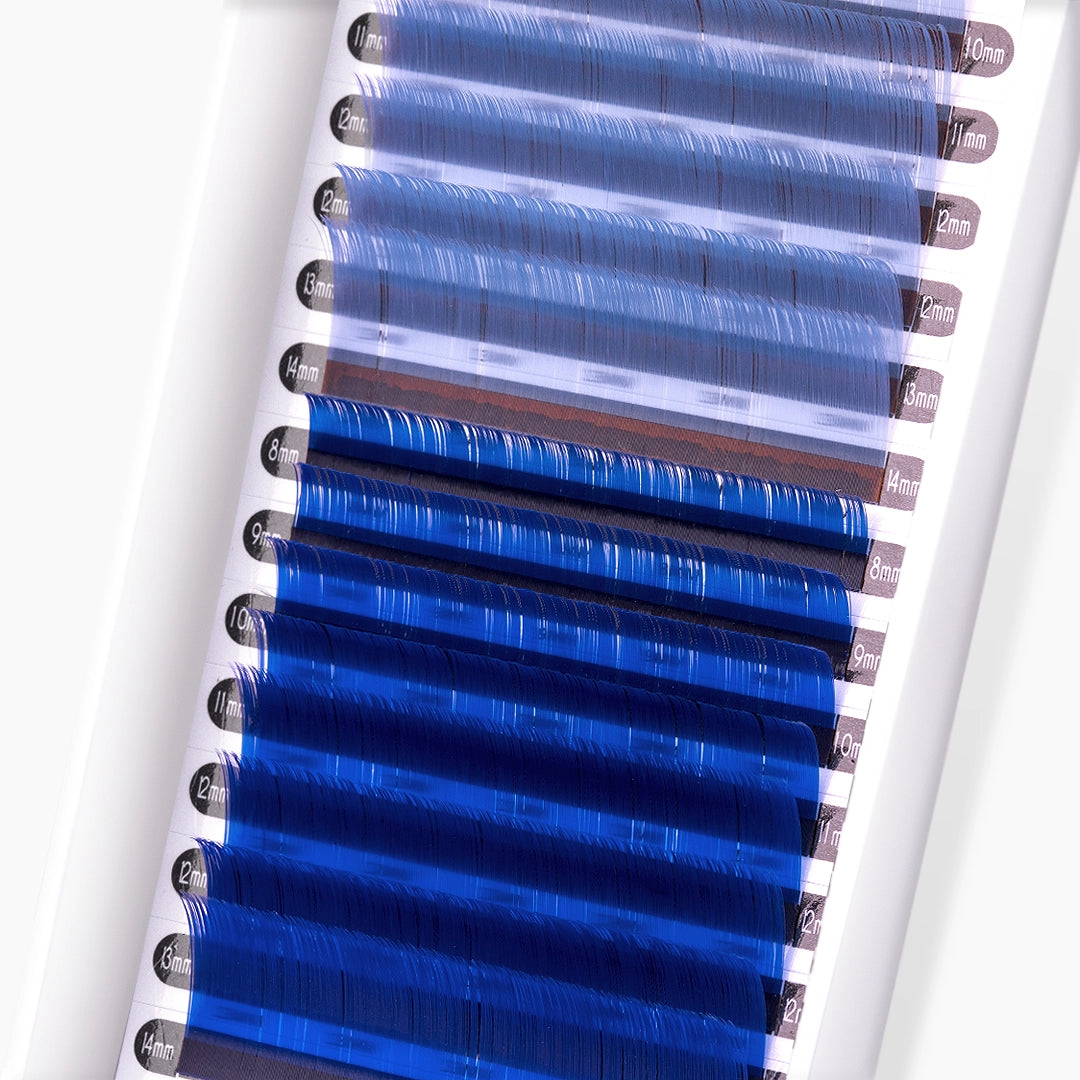 London Lash sky blue and blue faux mink coloured lash extension tray on white background