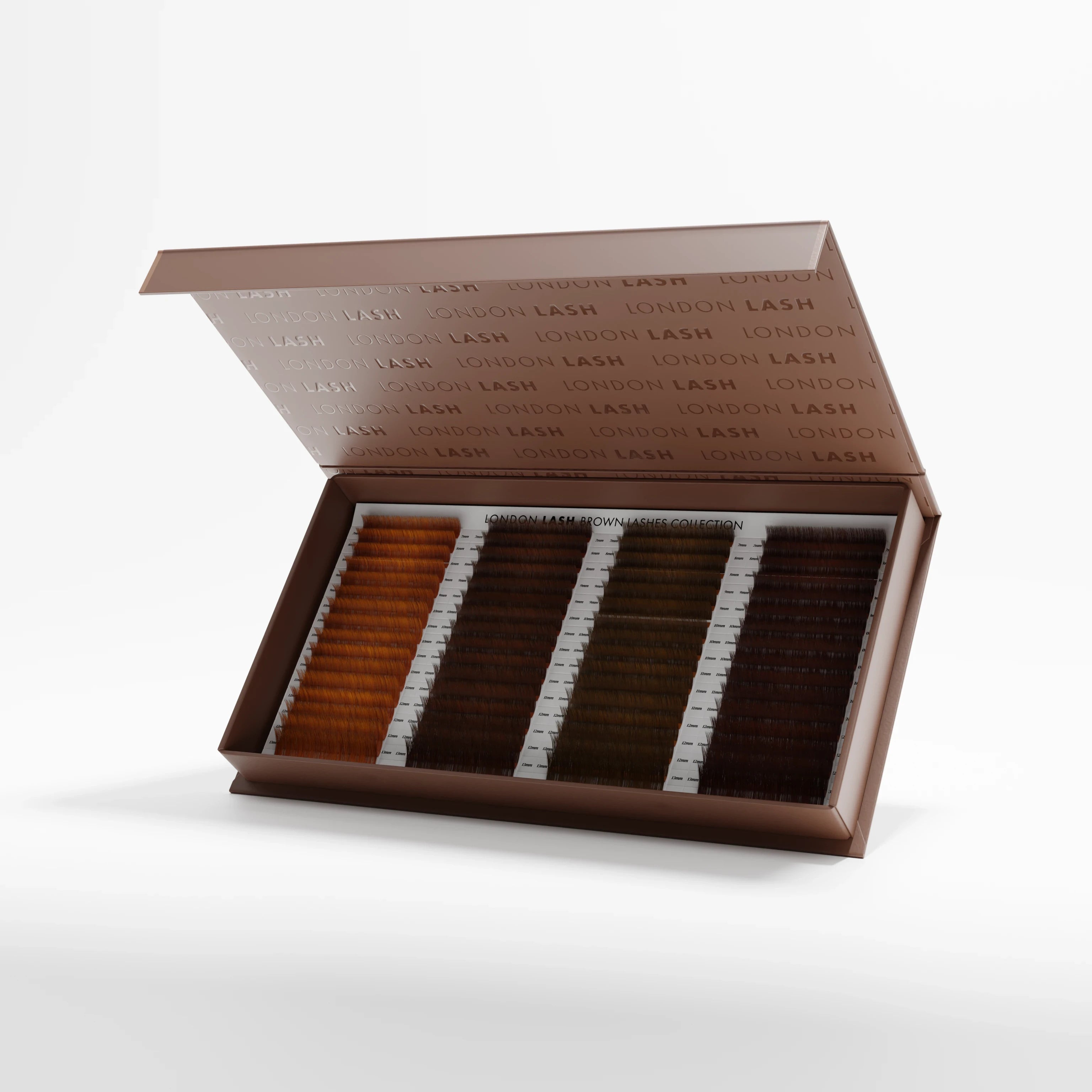 London Lash Brown Eyelash extension mix tray with open box showing four different tones