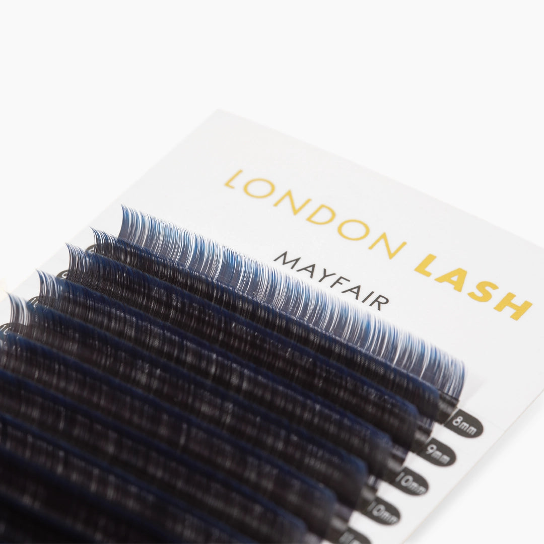 London Lash Blue Two-Tone Ombre Lashes 0.07 tray showing black to blue tip lash strips on white backgroun
