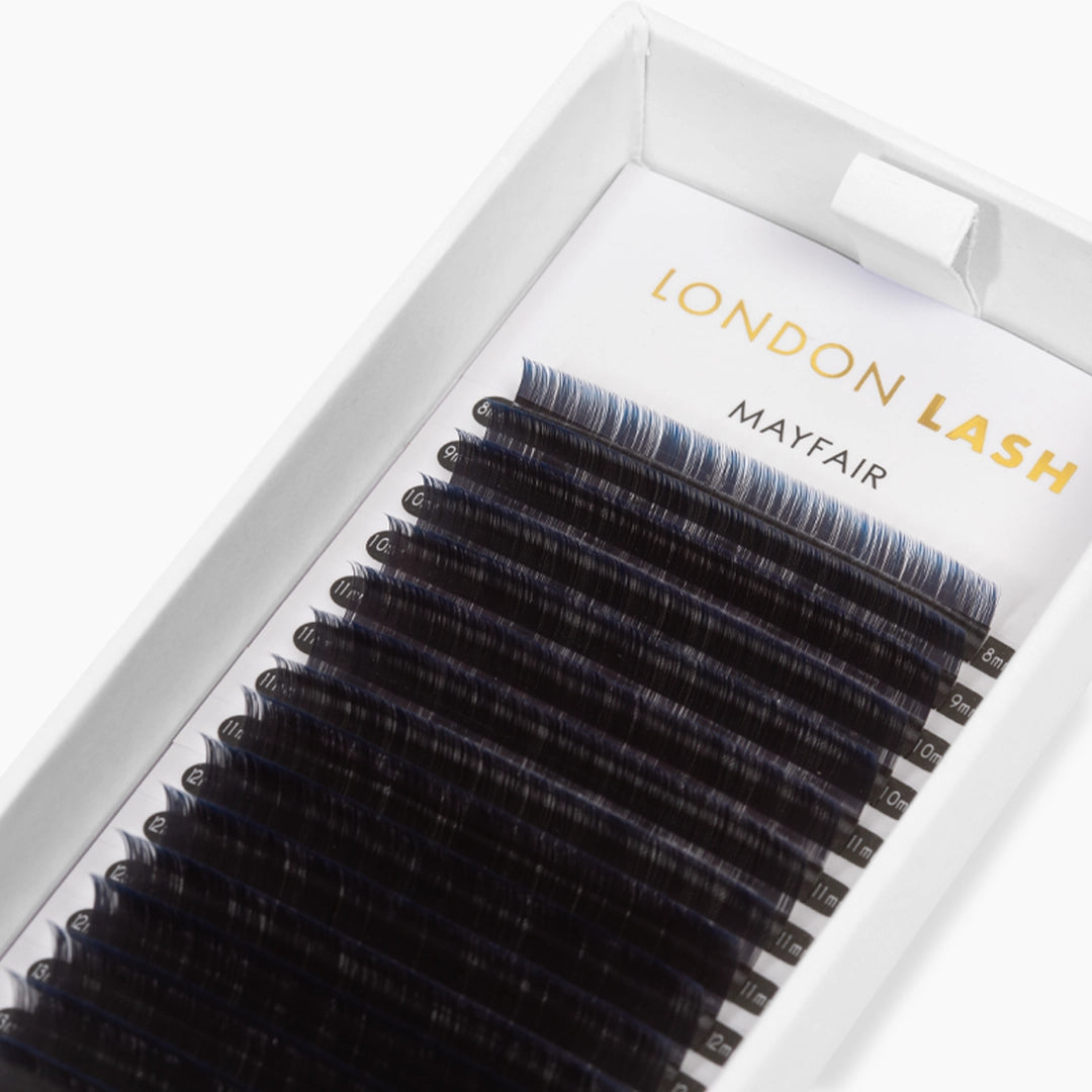 Open London Lash Blue Ombre lash tray displaying mixed length strips with black base and blue tips