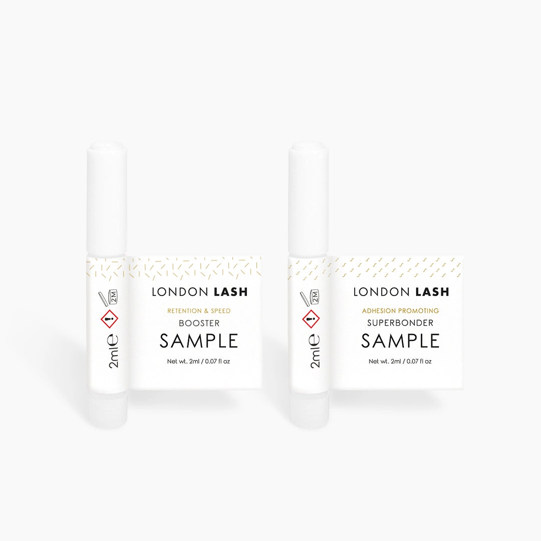 London Lash Retention Improving Booster &amp; Superbonder samples on a white background