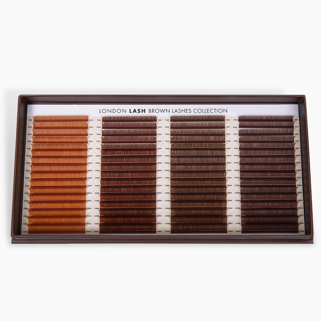 London Lash Brown Lashes Collection open tray showing all shades from caramel to dark mocha