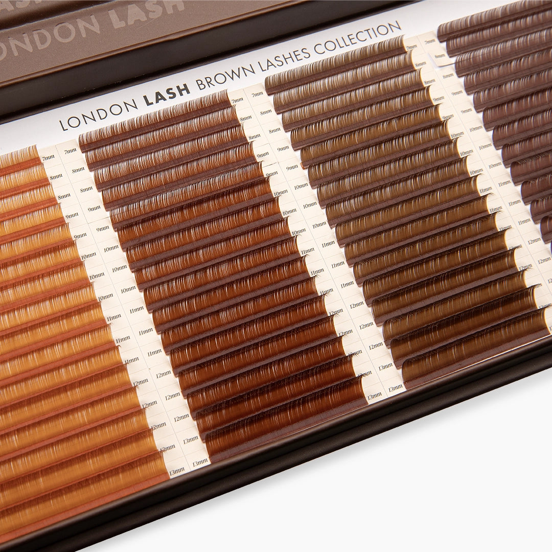 London Lash Brown Lashes Collection tray with multiple brown shades ranging from light caramel to deep mocha