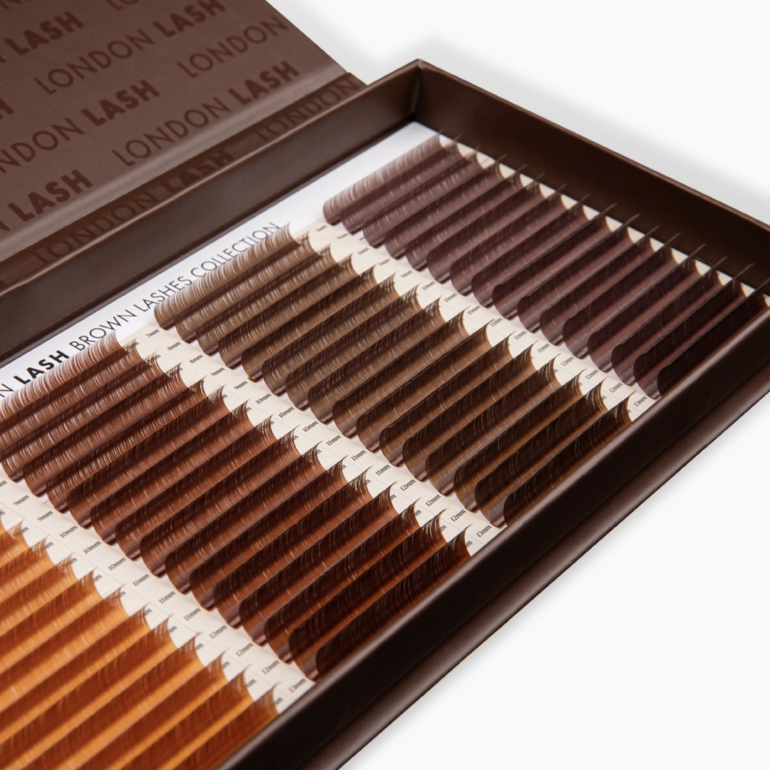 London Lash Brown Lashes Collection tray displaying warm to deep brown synthetic eyelash extension shades