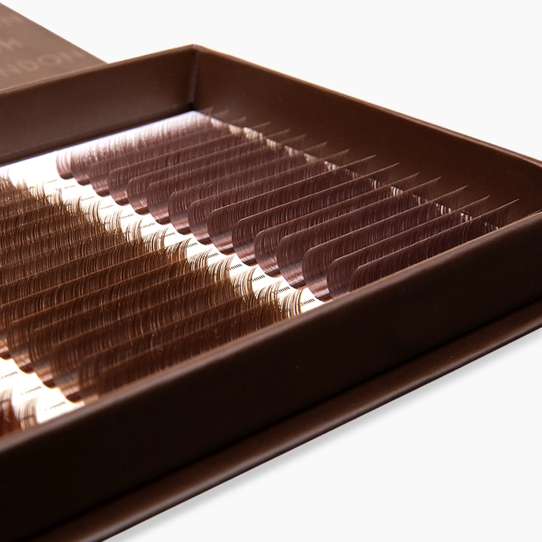 Close-up of London Lash Brown Collection tray displaying the deep brown colour
