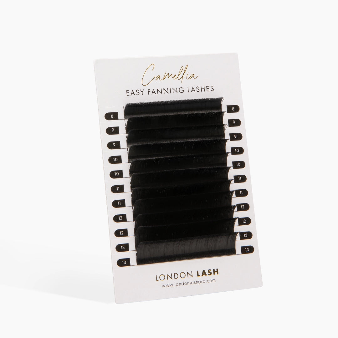 Vertical London Lash Camellia Easy Fanning Lash Tray showcasing all lash strips and mixed lengths