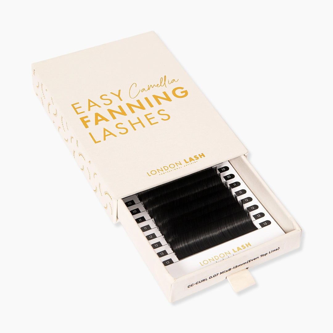 Half open tray of Camellia Easy Fanning lashes 0.07 on a white background