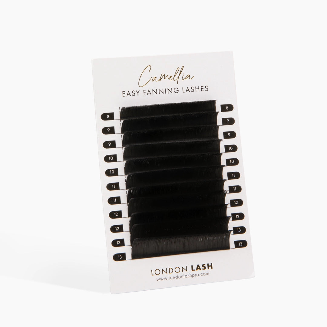 Vertical London Lash Camellia 0.07 Easy Fanning Lash Tray showcasing all lash strips and mixed lengths