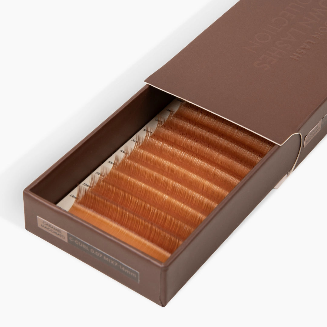 London Lash Brown Lashes tray open showing Caramel Macchiato coloured lash strips in mixed sizes