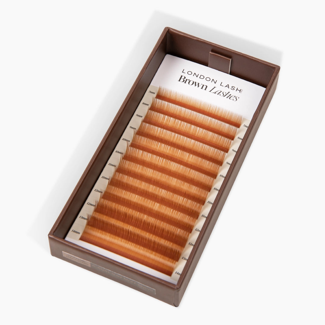 London Lash Caramel Macchiato Brown lash extensions tray on white background
