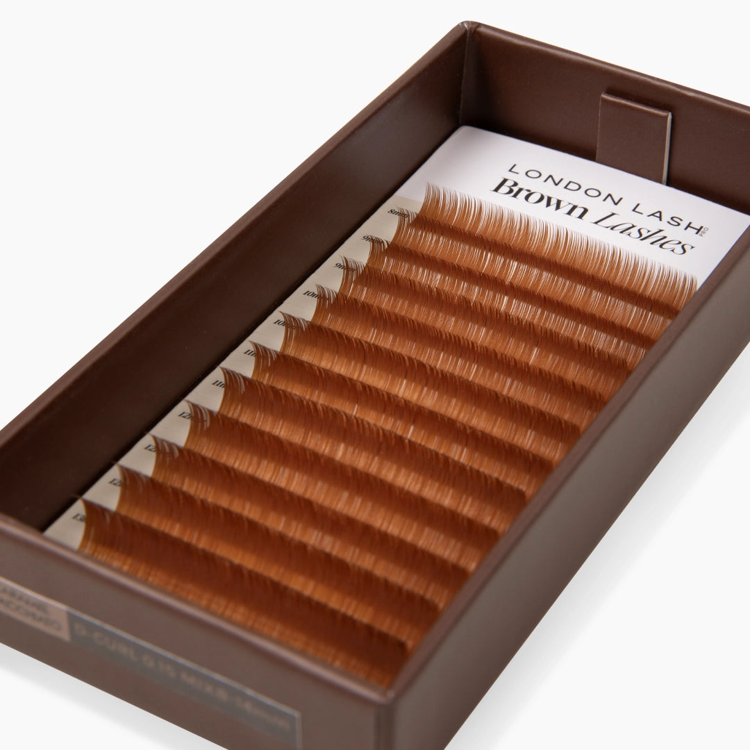 Close up image of London Lash  Caramel Macchiato Lashes in D Curl