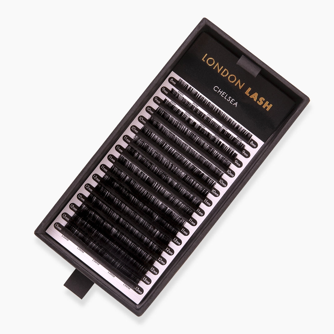 Eyelash extension tray with 'London Lash Chelsea' branding on a white background