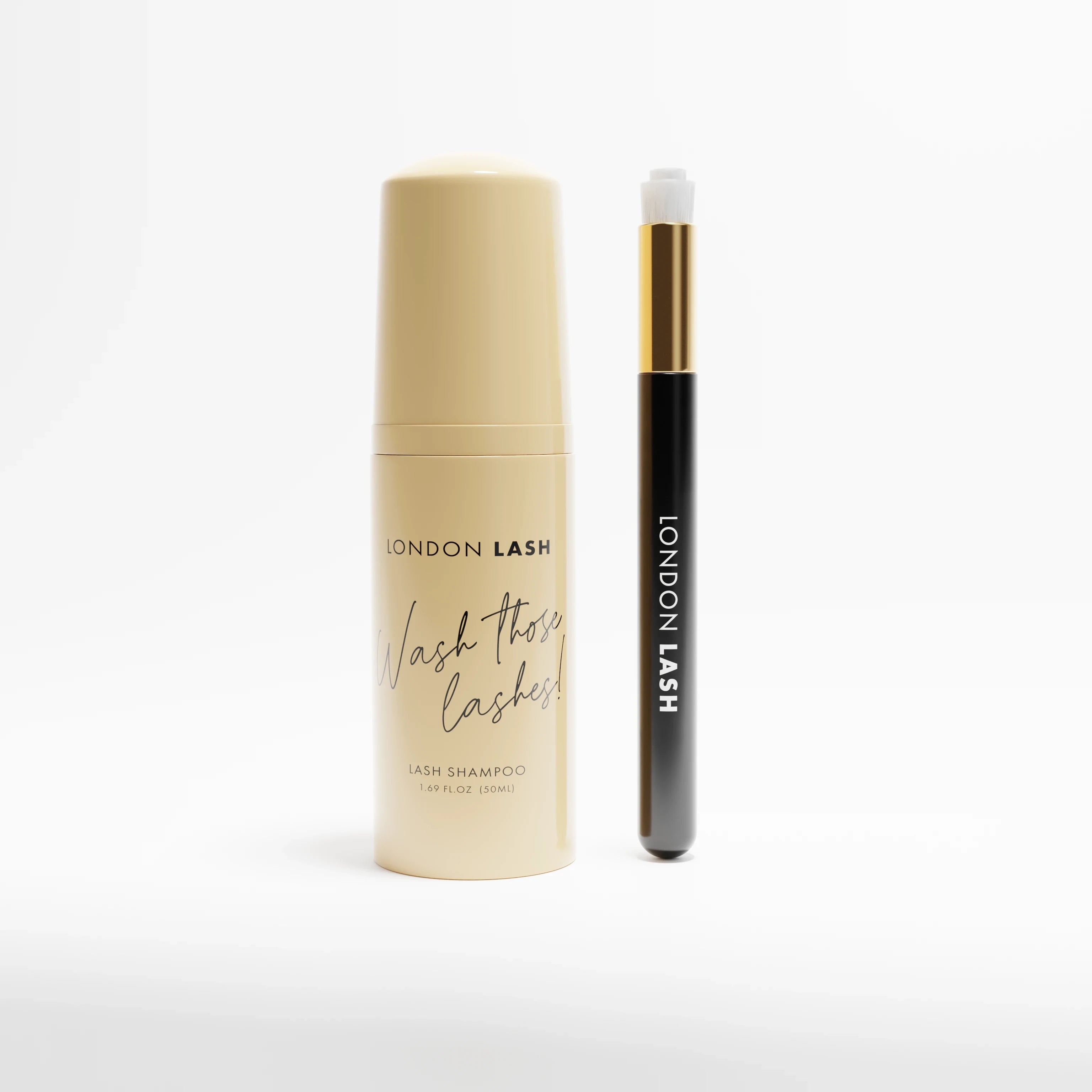 London Lash lash shampoo bottle and brush on a white background