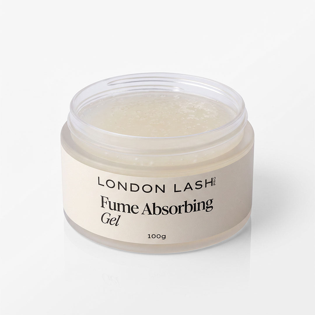 A jar of London Lash Fume Absorbing Gel stacked on top of its cream-colored product box, set against a clean white background.