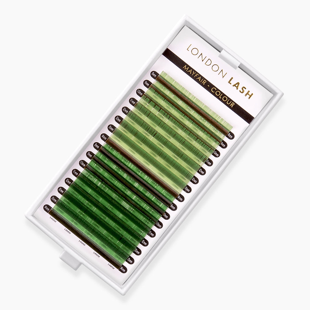 London Lash light green and green faux mink coloured lash extension tray on white background