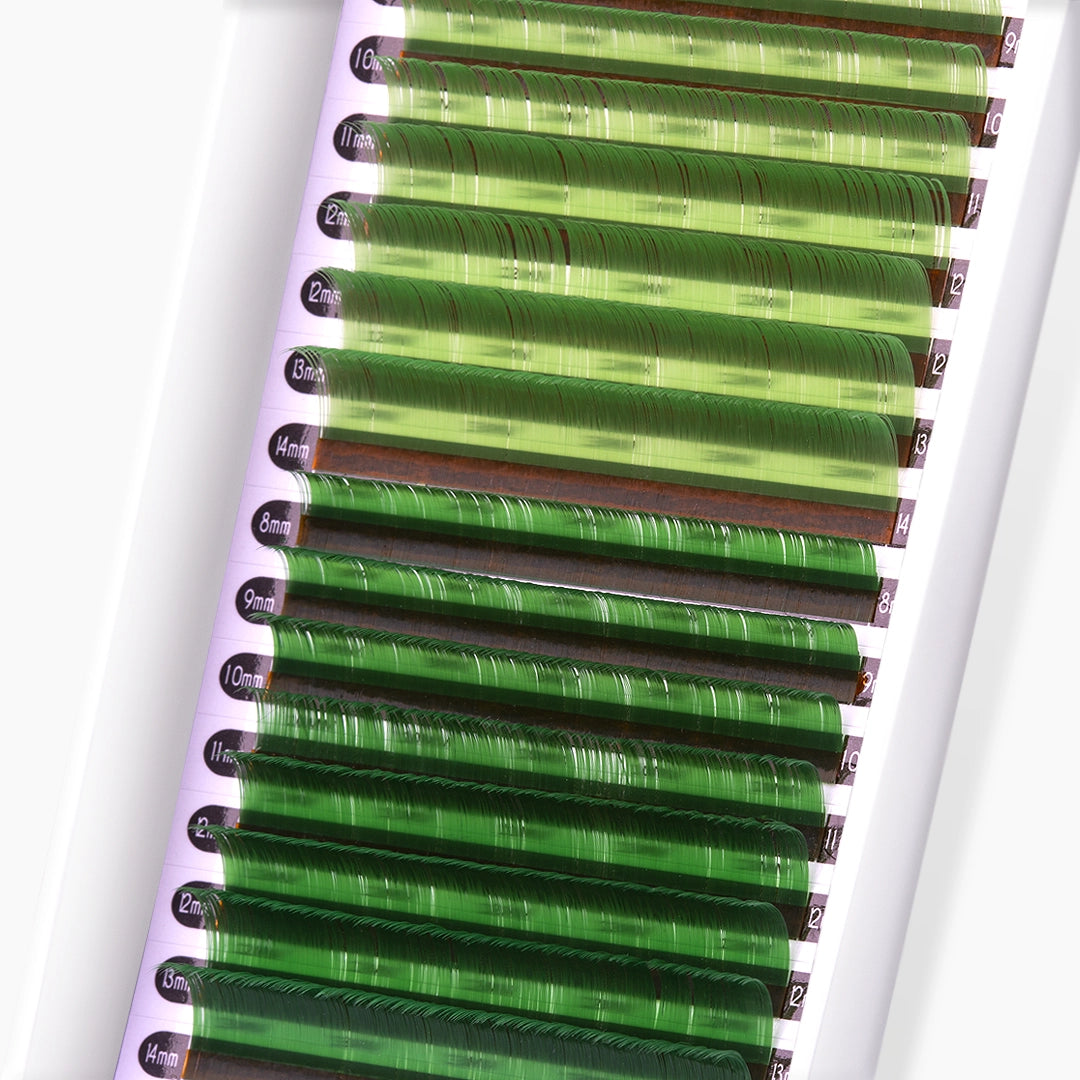 London Lash light green and green faux mink coloured lash extension tray on white background