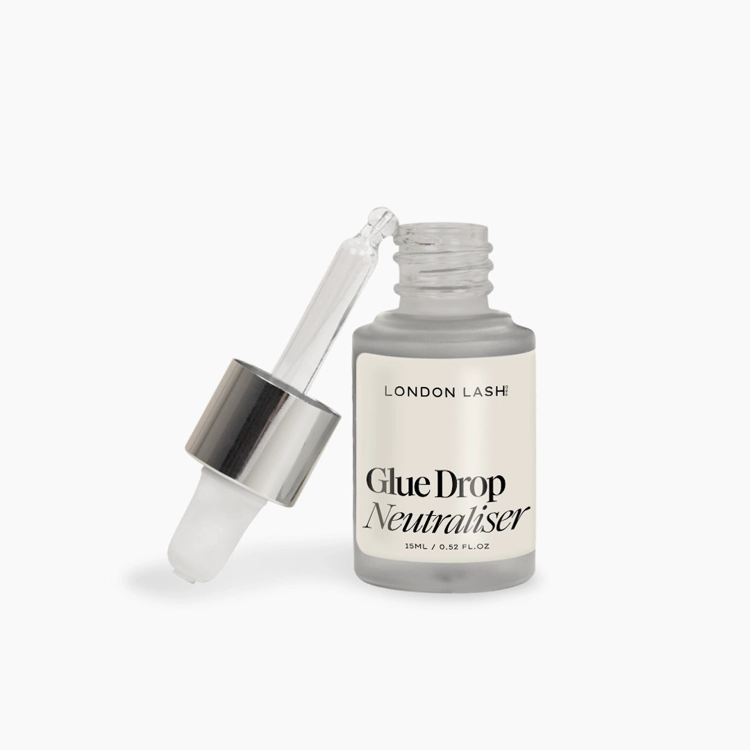 Bottle of London Lash Glue Drop Neutraliser with dropper on a white background