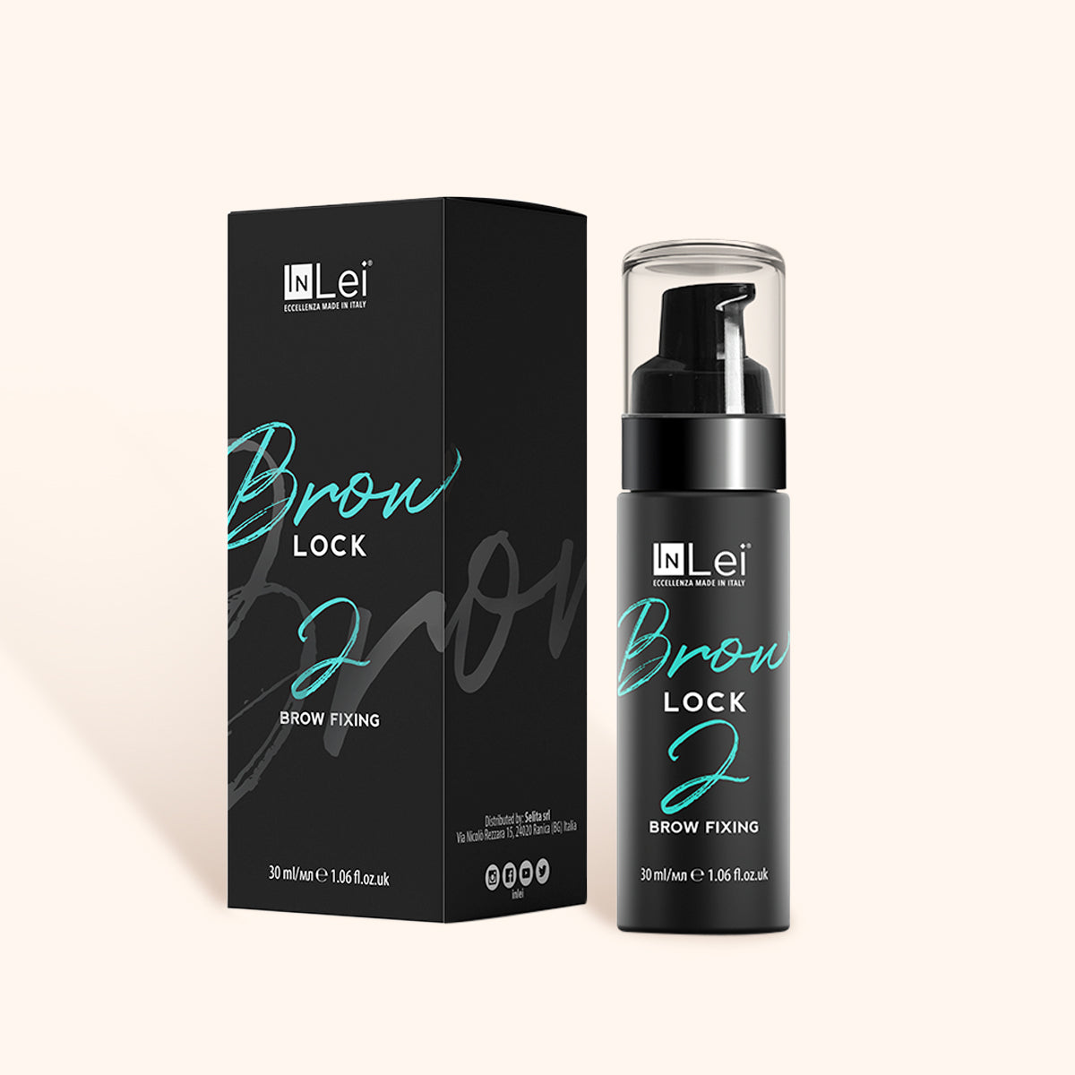 InLei Brow Lock 2 brow lamination treatment bottle on a beige background