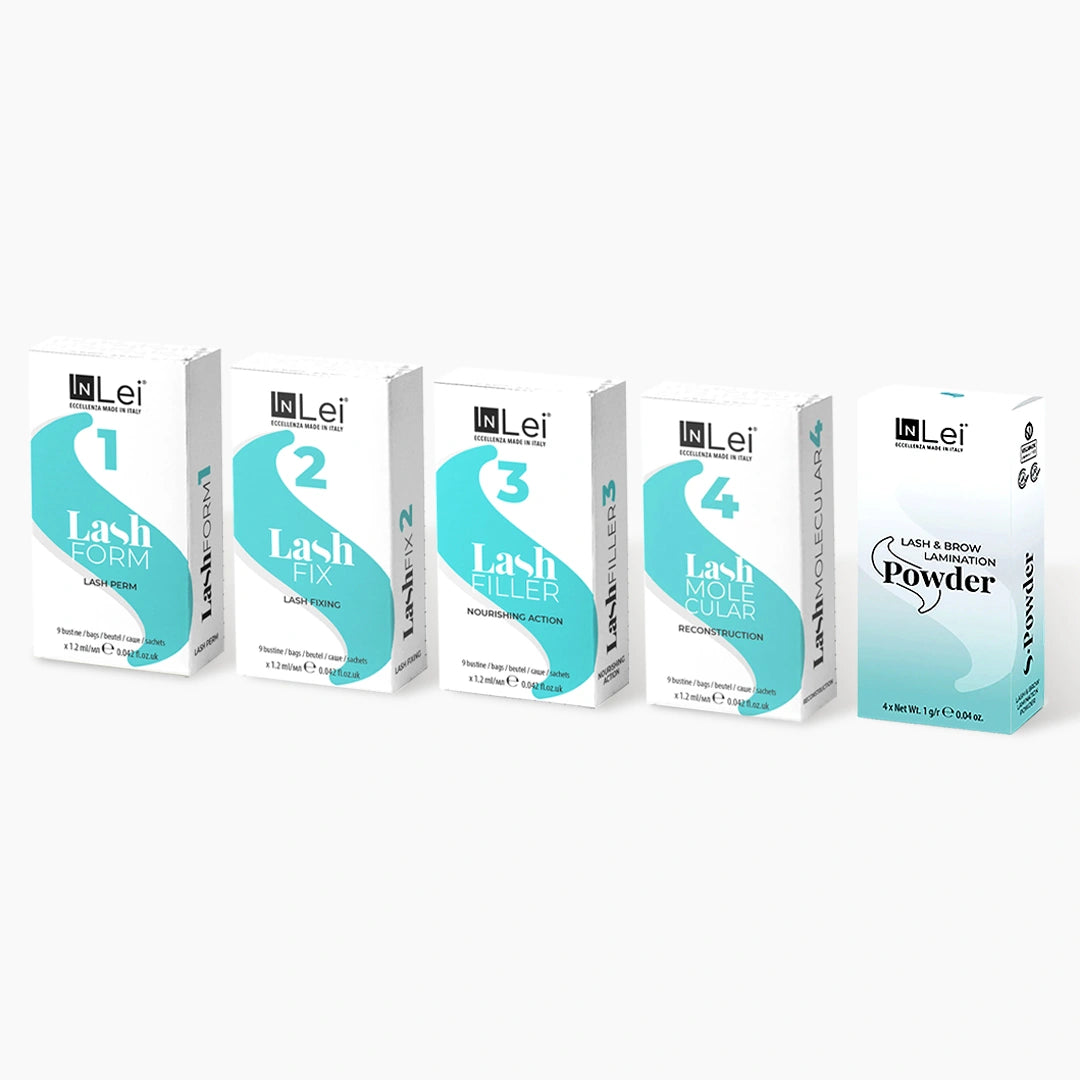InLei Lash Filler Discovery Bundle featuring five white and teal product boxes lined up in a row: Lash Form 1, Lash Fix 2, Lash Filler 3, Lash Molecular 4, and Lash & Brow Lamination Powder.