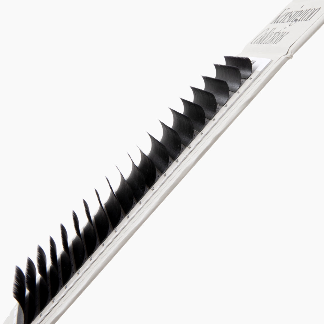 London Lash Kensington Lashes 0.085 close up showing satin finish lash strips in mixed lengths and B curl