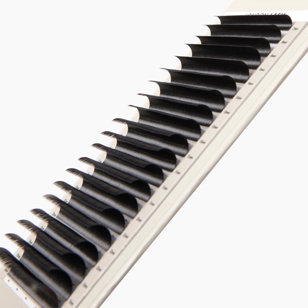 London Lash Kensington Lashes 0.085 close up showing satin finish lash strips in mixed lengths and D curl
