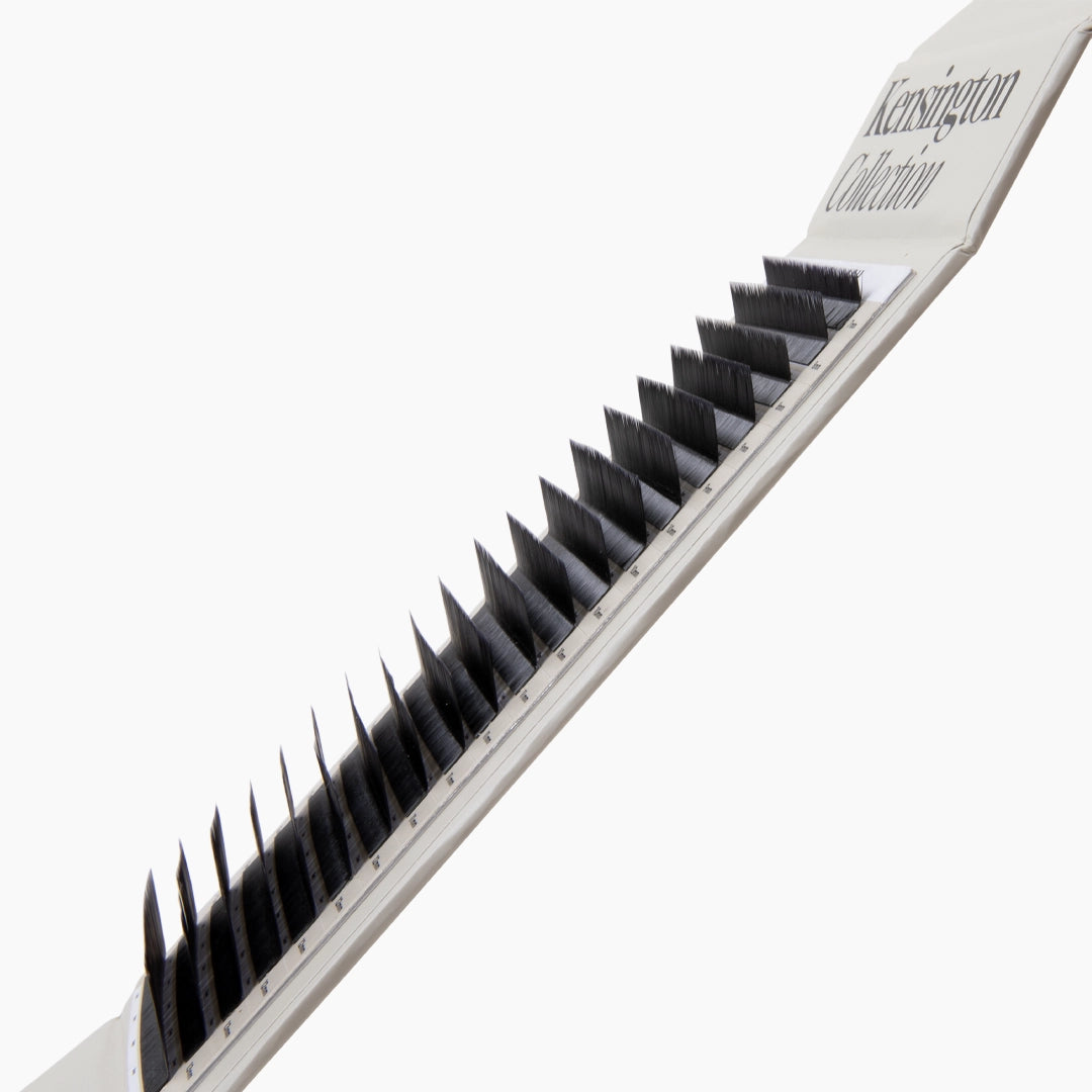 London Lash Kensington Lashes 0.085 close up showing satin finish lash strips in mixed lengths and Extreme L curl