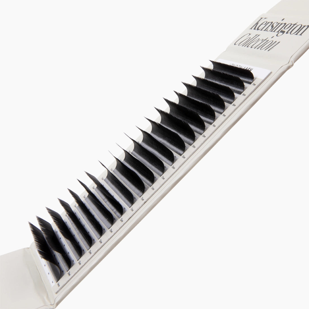 London Lash Kensington Lashes 0.085 close up showing satin finish lash strips in mixed lengths and M curl