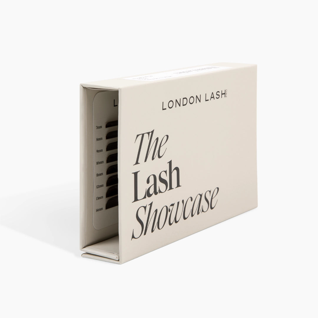 London Lash Pro The Lash Showcase outer beige box packaging standing upright to reveal black Kitten Lash strips from 7mm to 14mm.