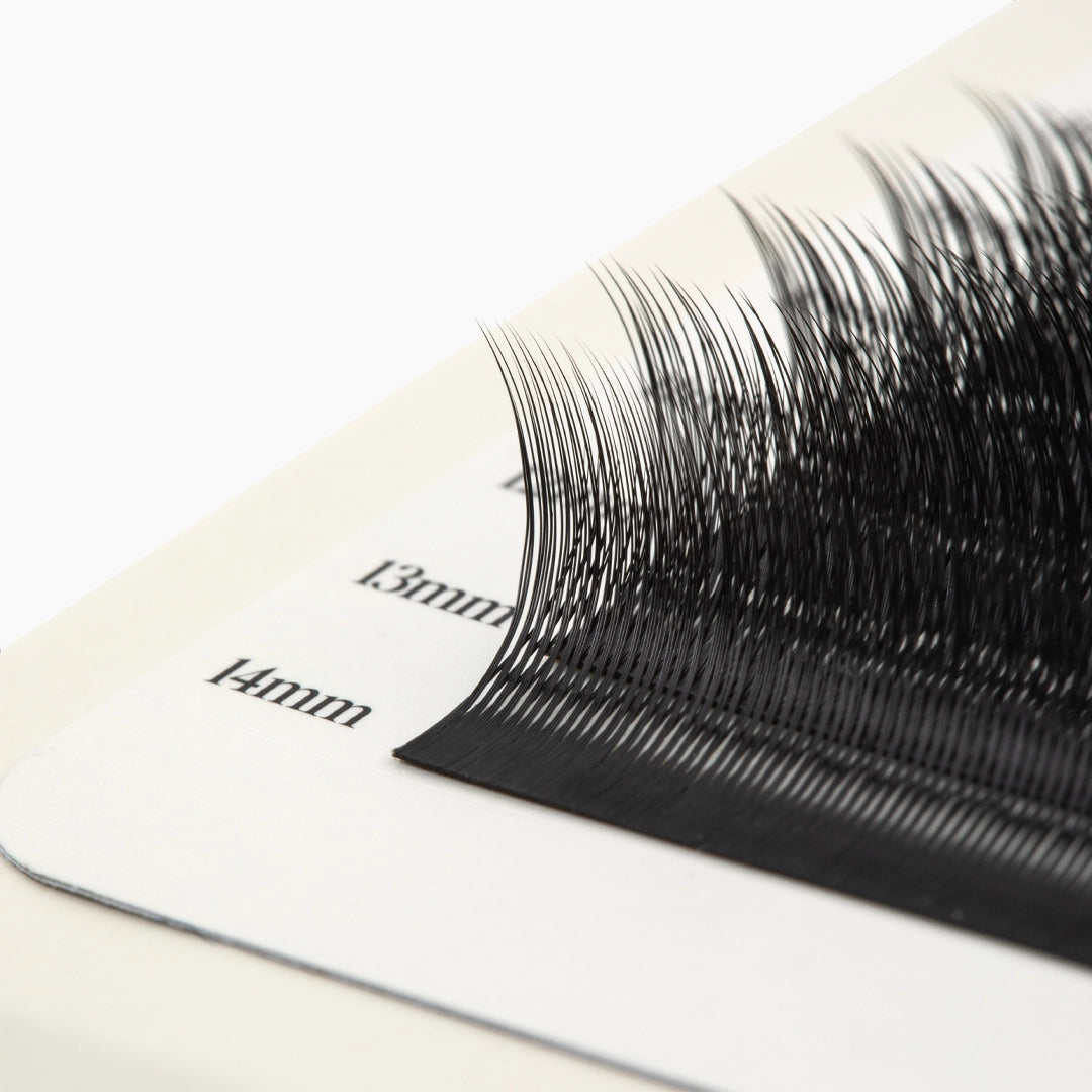 Macro side view highlighting the fine tips, curl, and soft finish of individual black Kitten Lash extensions