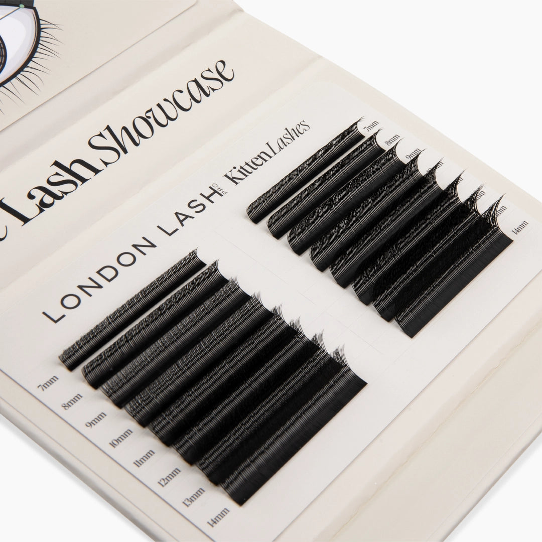 Top-angled view of the open London Lash Showcase palette organised with rows of black Kitten Lashes from 7mm to 14mm