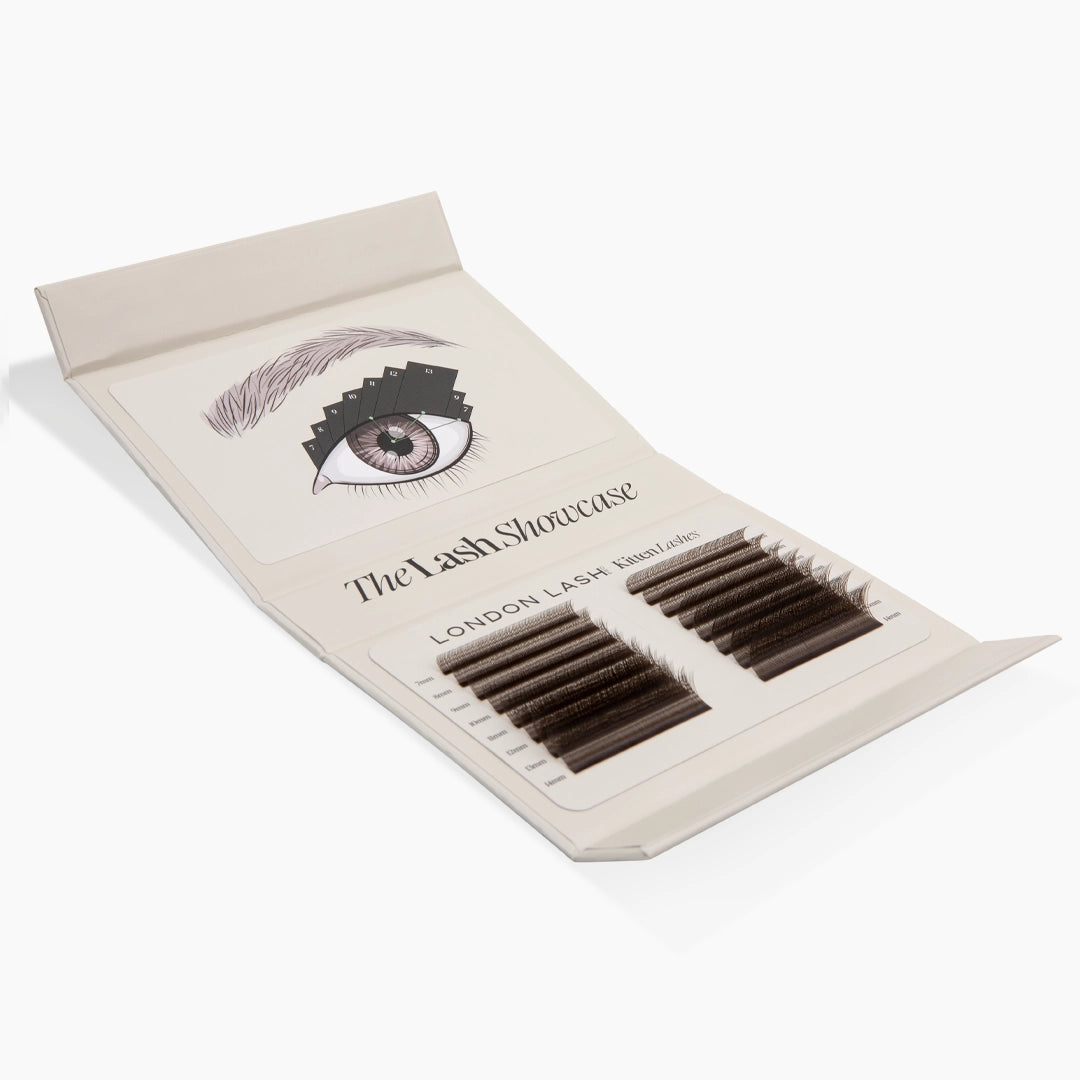 Fully opened London Lash Showcase palette displaying an eye mapping guide on the inner lid and brown Kitten Lash trays below.