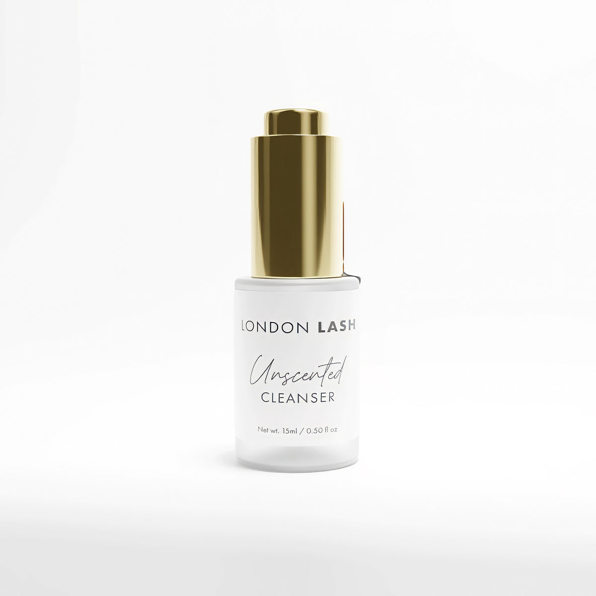 Unscented eyelash cleanser bottle with gold cap on a white background