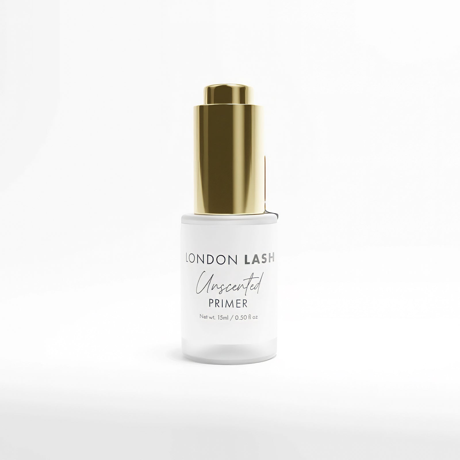 London Lash Coconut Primer bottle with a gold cap on a white background 