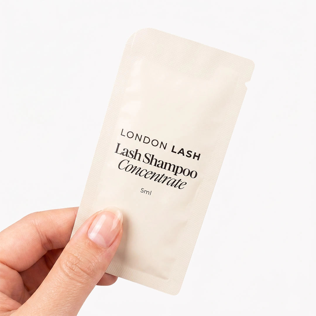 A hand holding a small beige resealable pouch labeled London Lash Shampoo Concentrate 5ml' against a plain white background.
