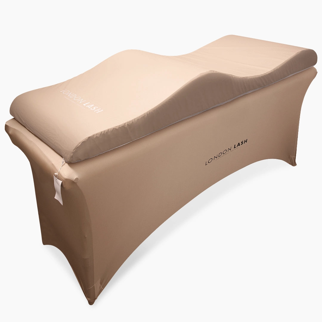 Beige Beauty Bed Memory Foam Topper with 'London Lash' branding on a white background