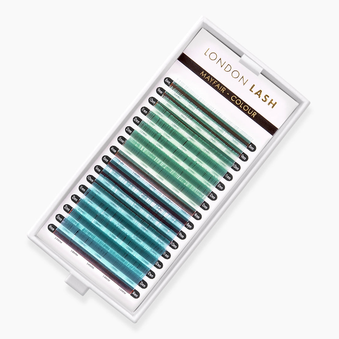 London Lash mint green and ocean blue faux mink coloured lash extension tray on white background