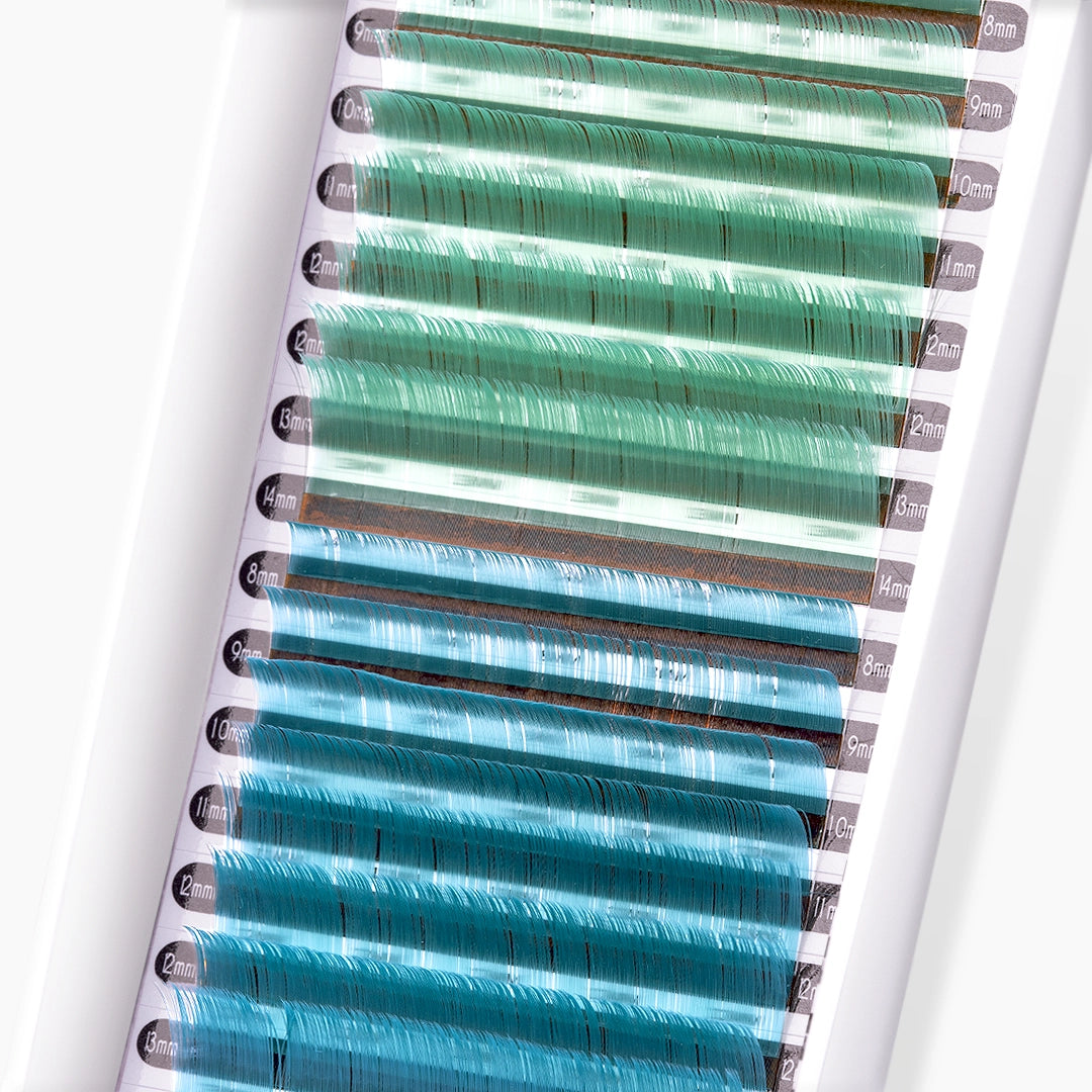 London Lash mint green and ocean blue faux mink coloured lash extension tray on white background