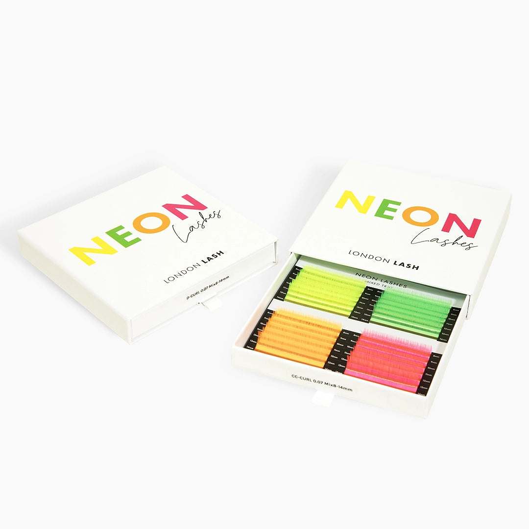 London Lash neon volume lash extension tray showing mixed length strips in four colours