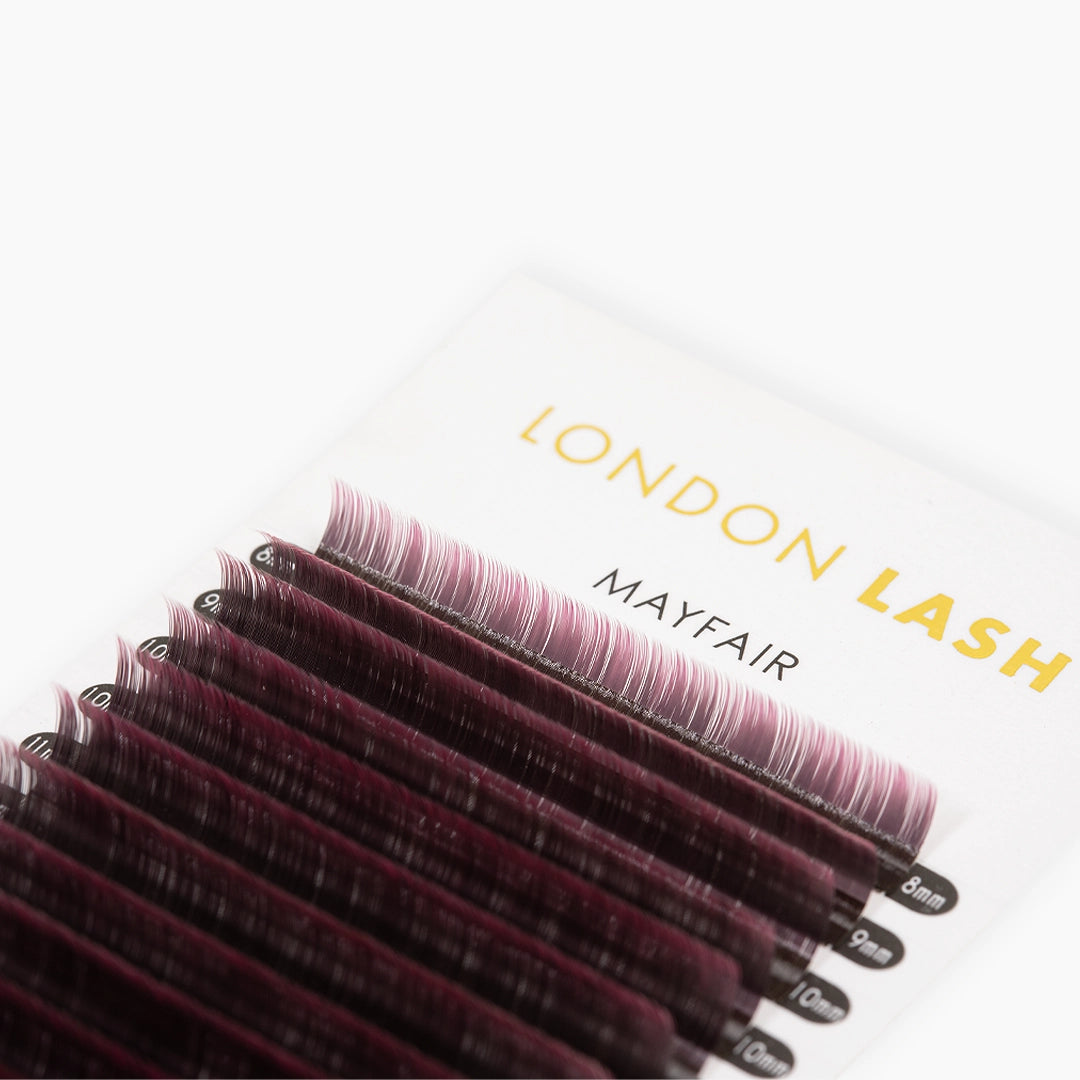 Open London Lash Pink Ombre lash tray displaying mixed length strips with black base and pink tips