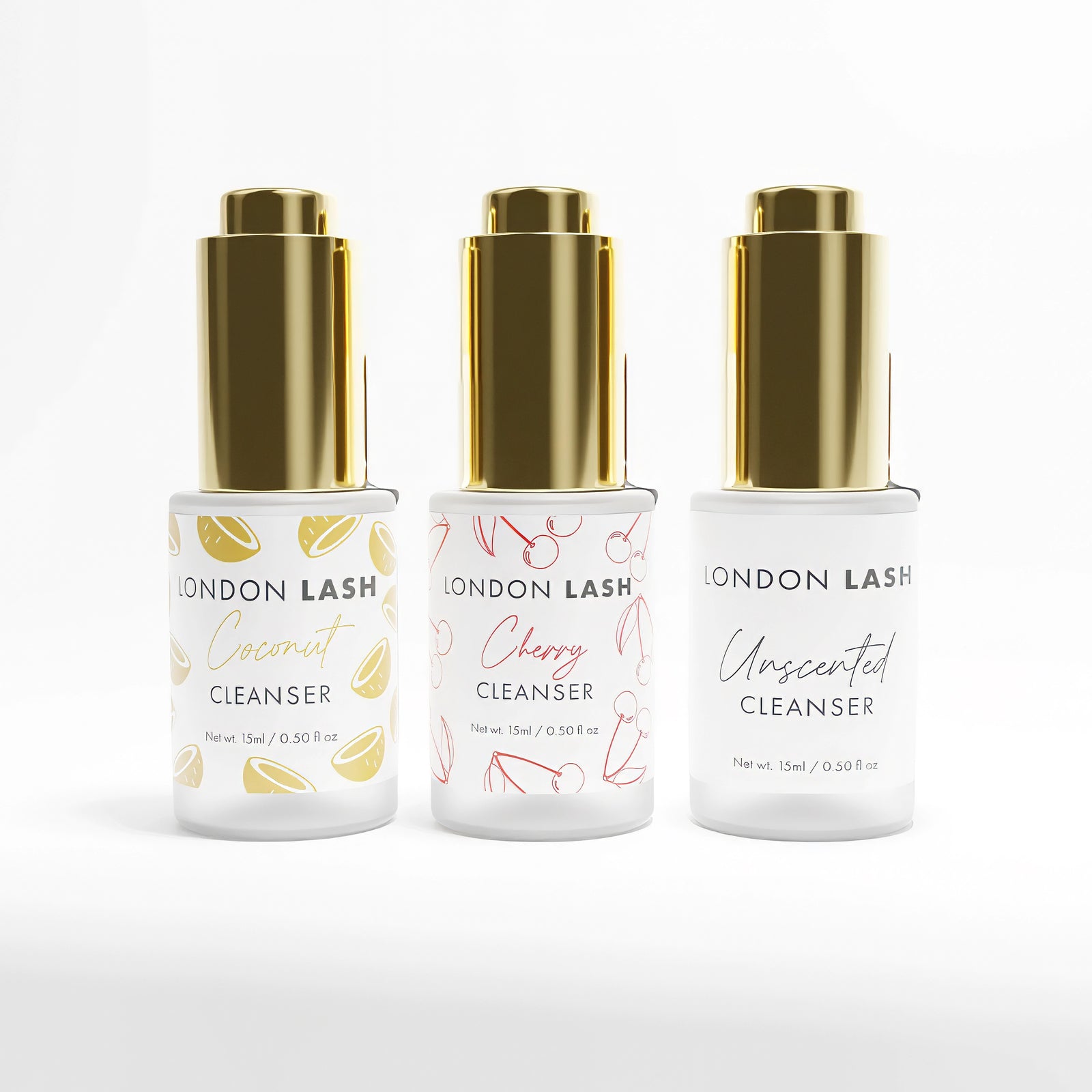 Three bottles of London Lash cleanser with different scents on a white background