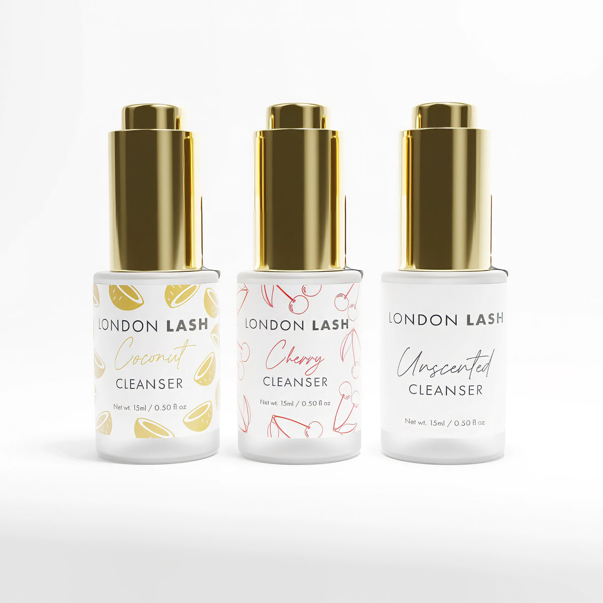 Three bottles of London Lash cleanser with different scents on a white background