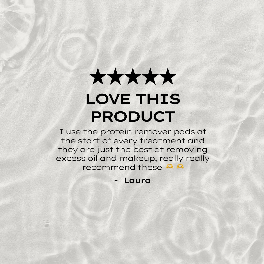 Product review with five-star rating and text on a textured background