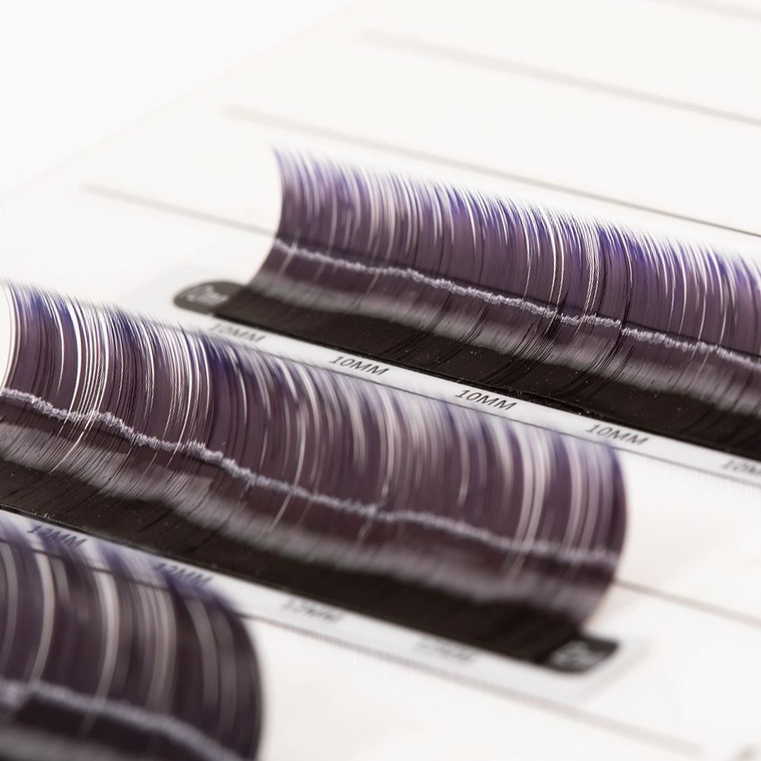 London Lash Violet Two-Tone Ombre Lashes 0.07 tray showing black to violet tip lash strips on white background