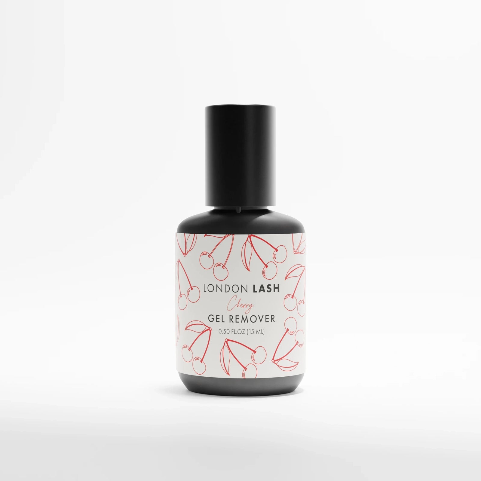 Bottle of London Lash gel remover Cherry Scent on a white background